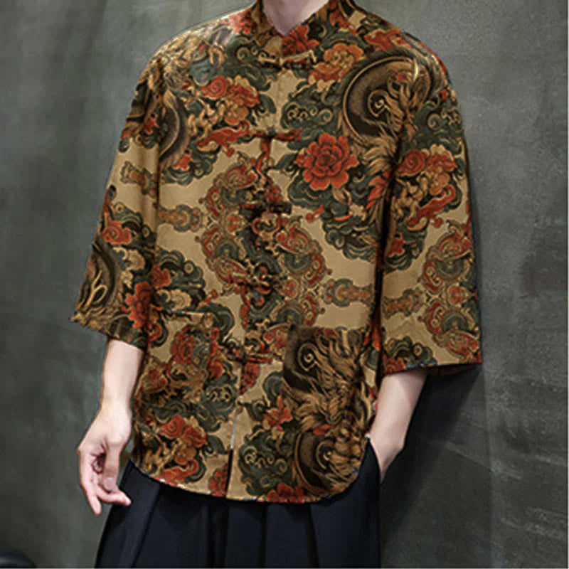 Buddha Stones Spring Frog-Button Dragon Mountain Flower Three Quarter Sleeve Tang Suit Men's Shirt With Pockets