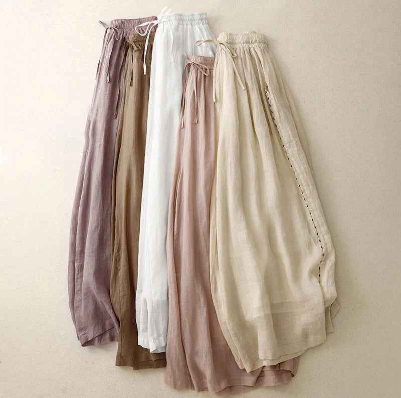 Buddha Stones Commute Solid Color Embroidery Drawstring Women's Wide Leg Ankle-Length Cotton Pants With Pockets
