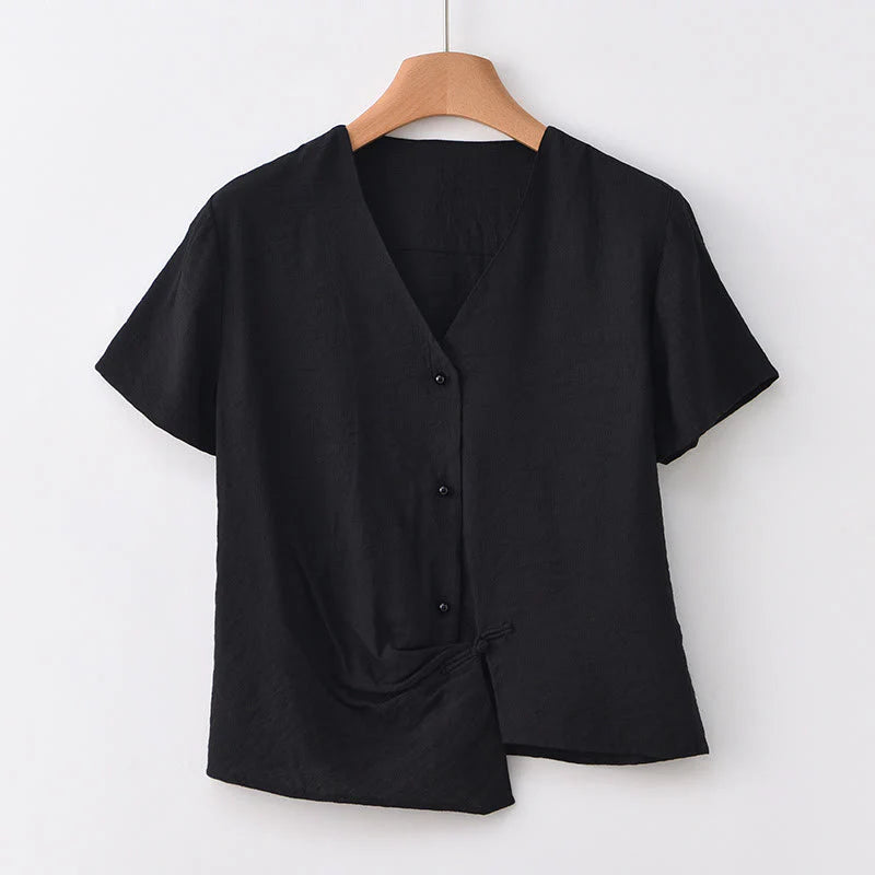 Buddha Stones Button Irregular Design V-Neck Cotton Linen Women's Short Sleeve Shirt