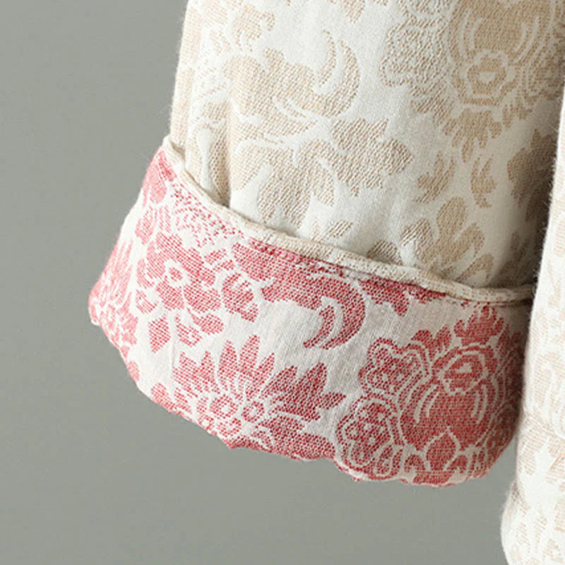 Buddha Stones Women's Peony Flowers Frog-Button Design Long Sleeve Thermal Jacket With Pockets