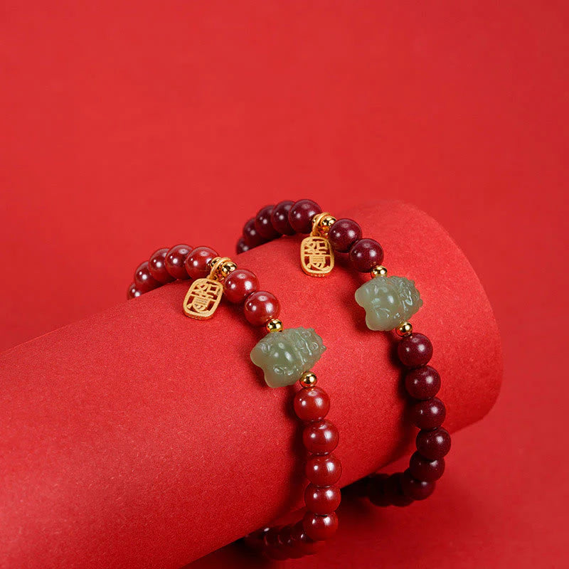 Buddha Stones 925 Sterling Silver Year of the Dragon Natural Cinnabar Hetian Jade Dragon Fu Character Ruyi As One Wishes Charm Blessing Bracelet (Extra 30% Off | USE CODE: FS30)