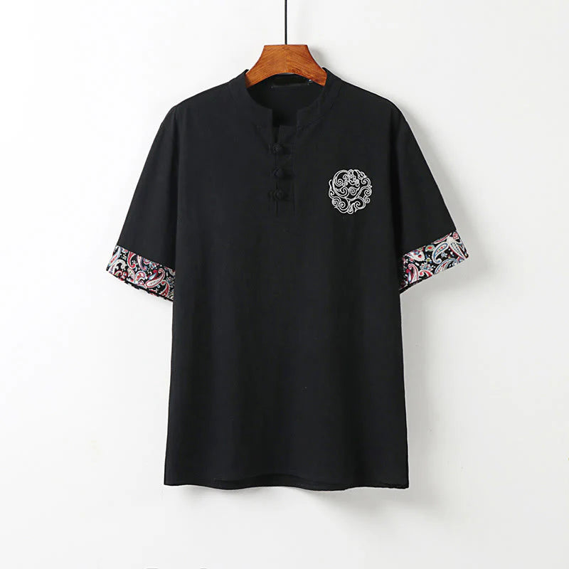 Buddha Stones Summer Frog-Button Auspicious Clouds Embroidery Design Short Sleeve Cotton Linen Men's Shirt