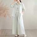 Buddha Stones 2Pcs Fall Solid Color Cotton Buttons Down Long Sleeve Shirt Ankle-Length Wide Leg Pants Women's Set With Pockets