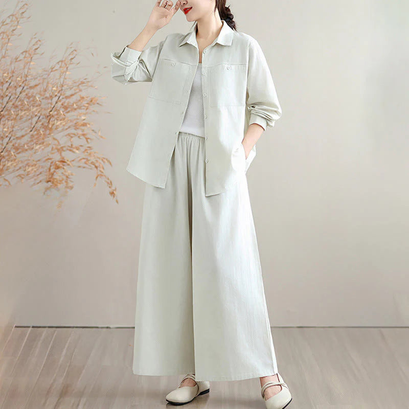 Buddha Stones 2Pcs Fall Solid Color Cotton Buttons Down Long Sleeve Shirt Ankle-Length Wide Leg Pants Women's Set With Pockets