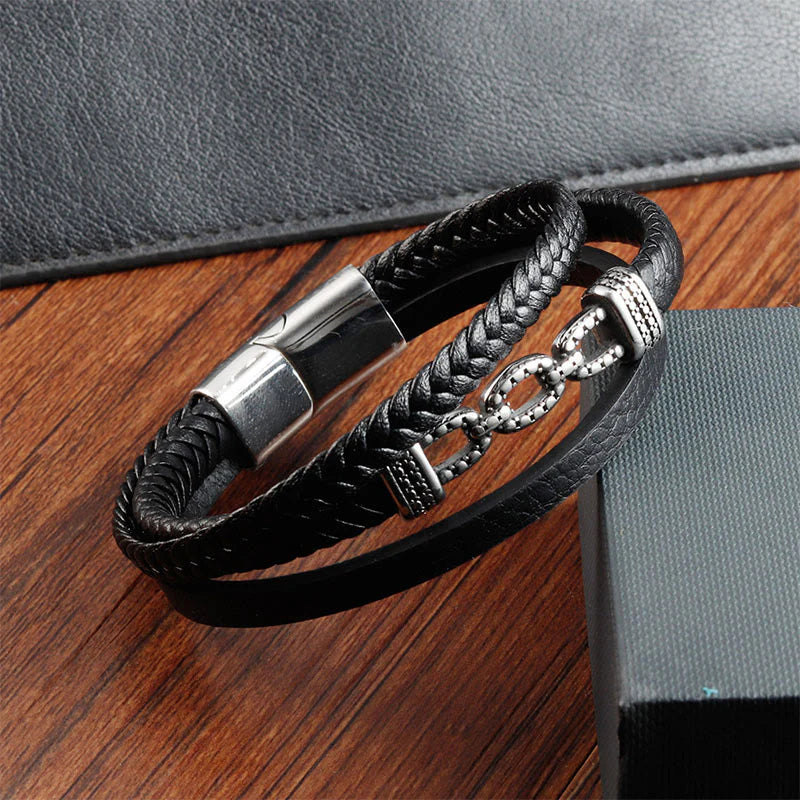 Buddha Stones Handmade Chain Link Design Titanium Steel Leather Strengthen Bracelet
