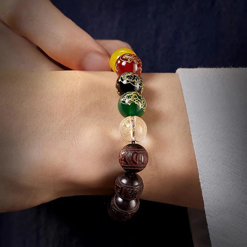 Buddha Stones Small Leaf Red Sandalwood Five Directions Gods of Wealth Calm Bracelet