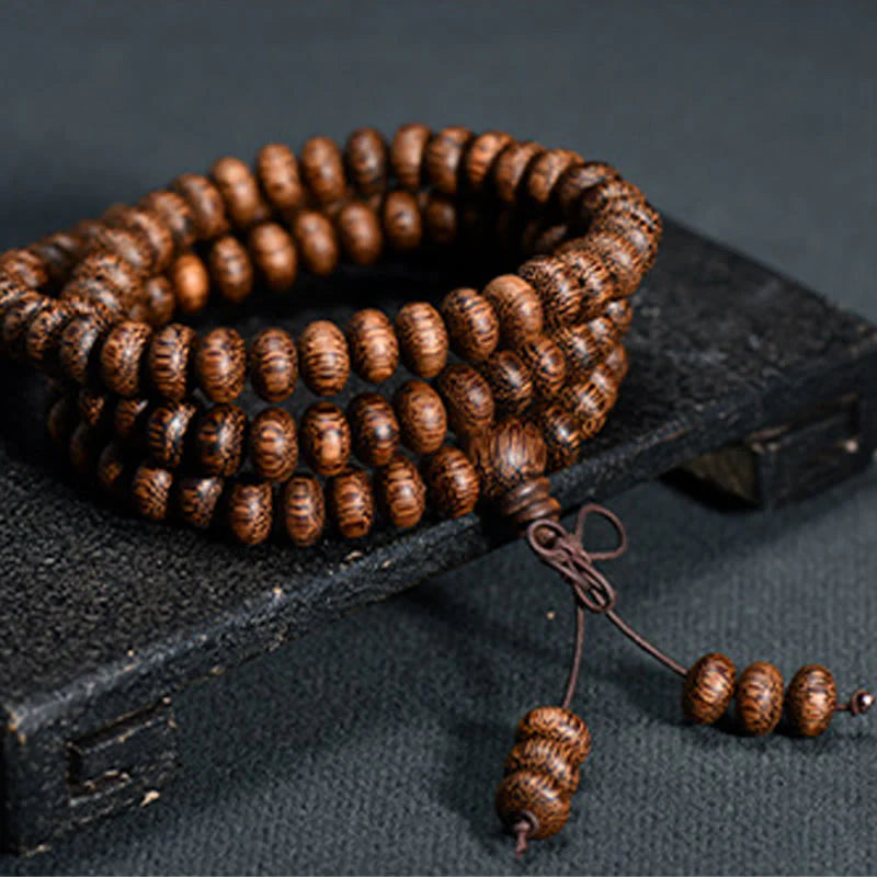 Buddha Stones 108 Textured Wood Beads Calm Energy Mala