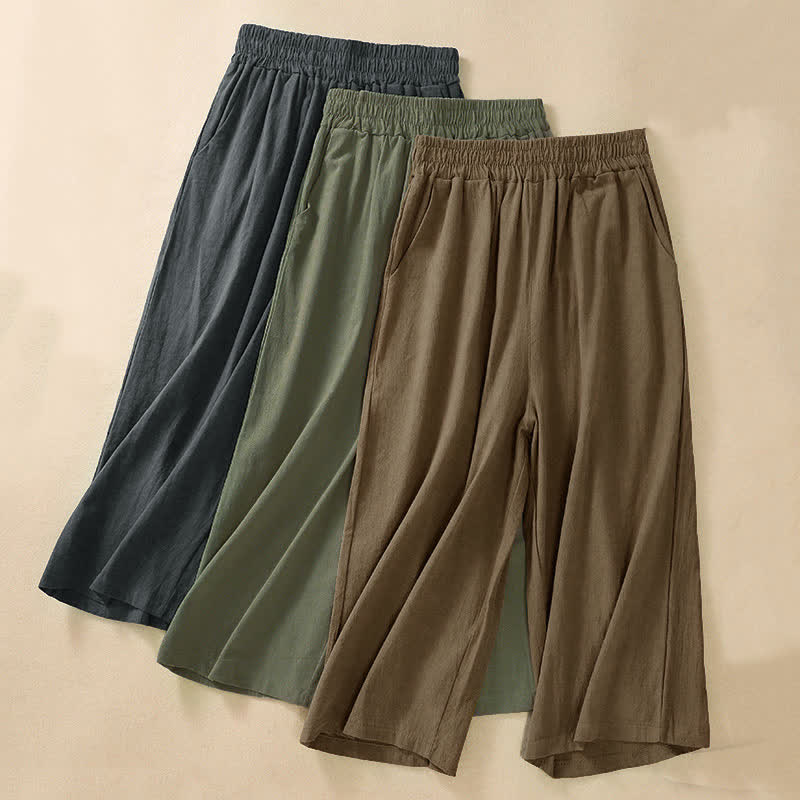 Buddha Stones High Waist Capri Cropped Women's Wide Leg Cotton Pants With Pockets