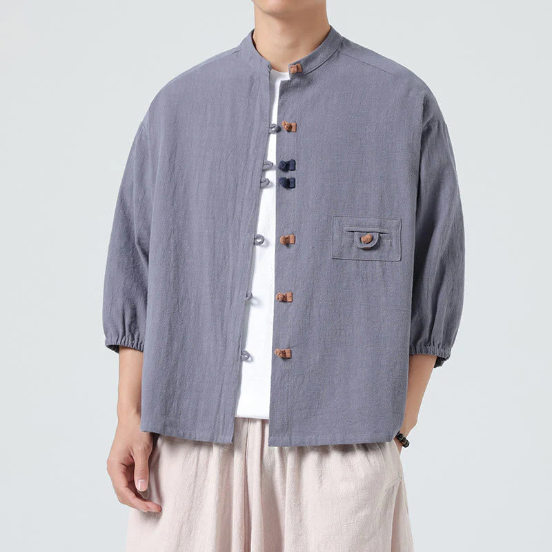 Buddha Stones Summer Frog-Button Front Stand Collar Men's Three Quarter Sleeve Cotton Shirt Cardigan With Pocket