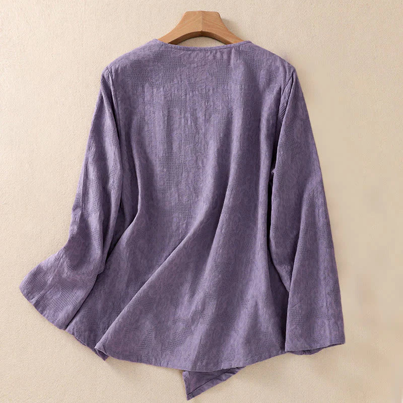 Buddha Stones Jacquard Irregular Hem Pleated Design Women's Cotton Long Sleeve Shirt