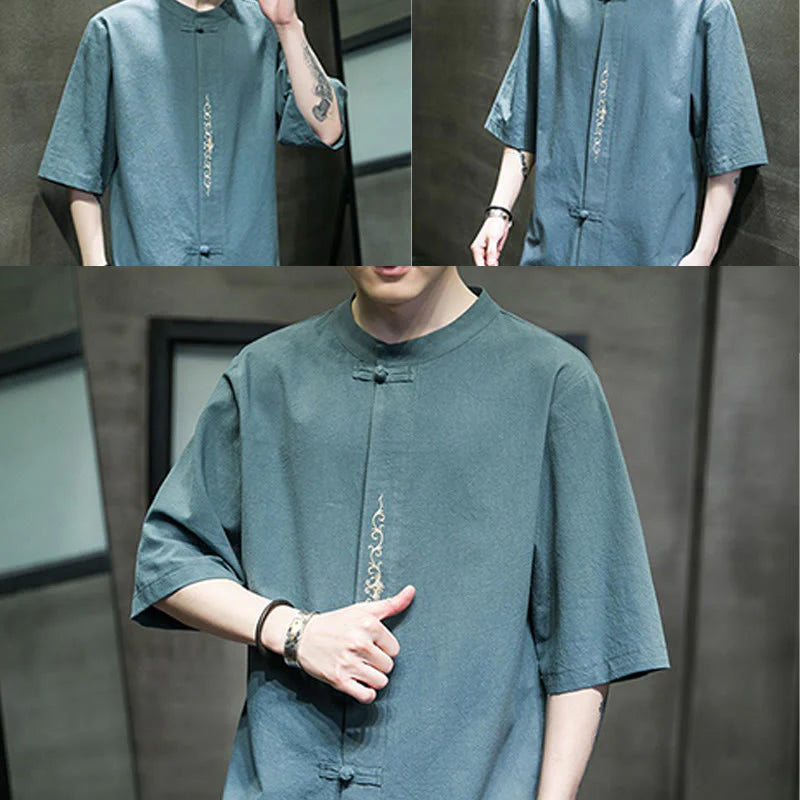 Buddha Stones Casual Solid Color Frog-Button Embroidery Men's Cotton Linen Shirt Cardigan