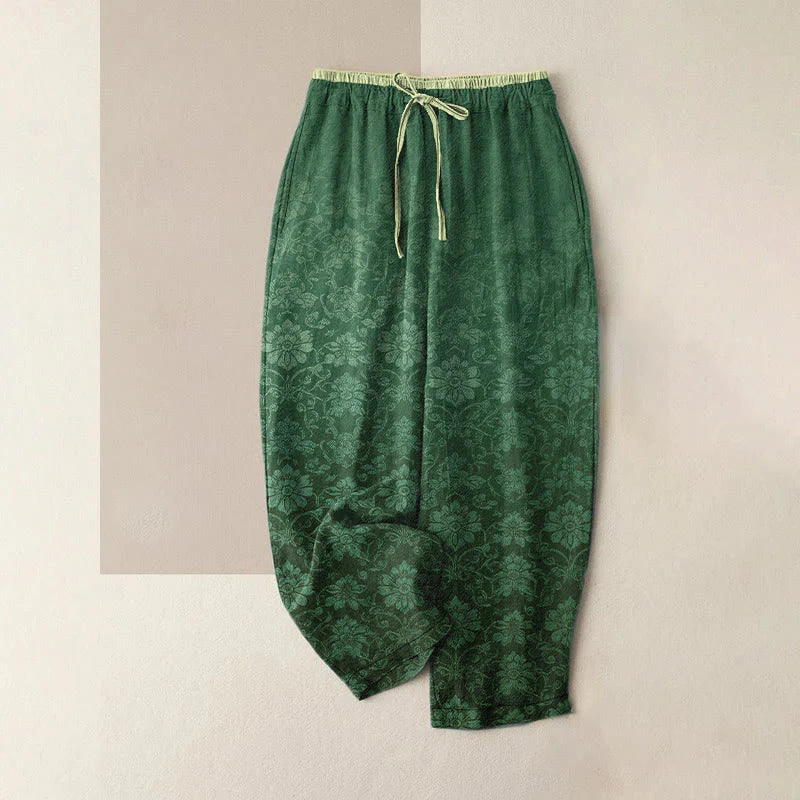 Buddha Stones Pure Cotton Retro Decorative Floral Pattern Women's Elastic Waist Pants With Pockets