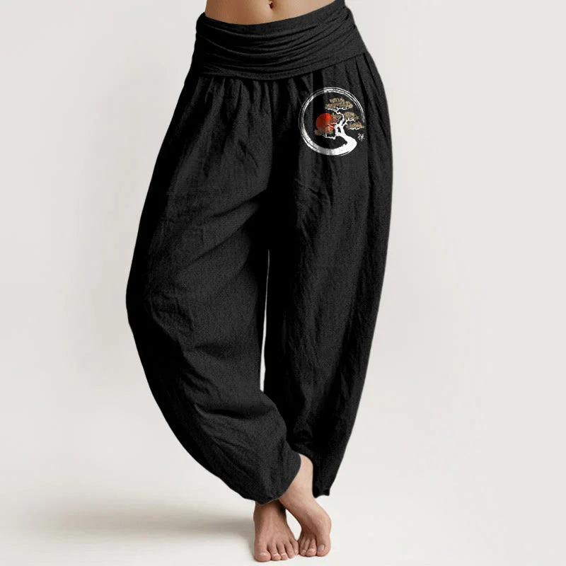 Buddha Stones Pine Tree Red Sun Zen Character Pattern Pure Cotton Women's Elastic Waist Harem Pants