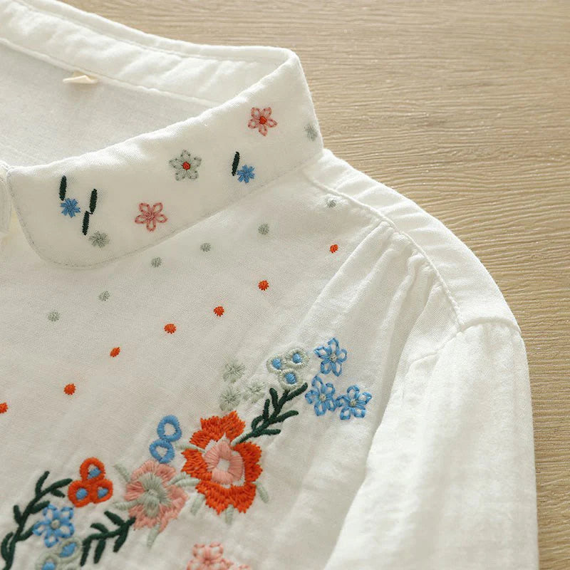 Buddha Stones Fall White Colorful Floral Embroidery Buttons Women's Cotton Long Sleeve Shirt
