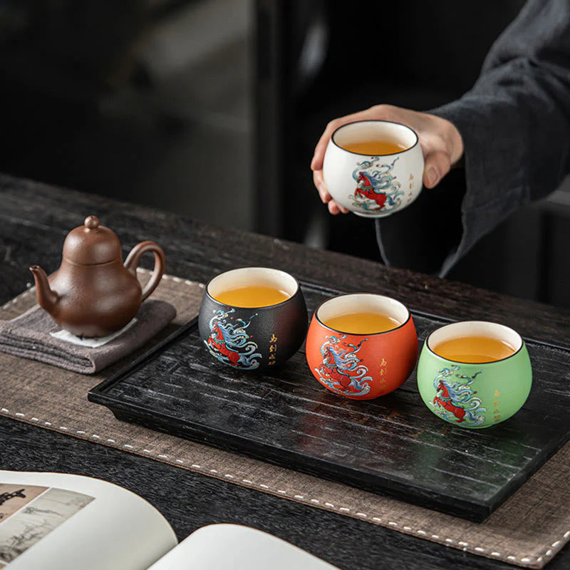 Buddha Stones Year Of The Horse Hand Painted Ceramic Teacup Kung Fu Tea Cup