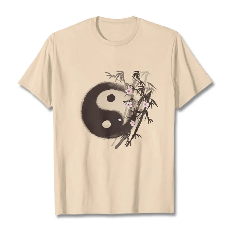 Buddha Stones Yin Yang Bamboo Cherry Blossom Pattern Tee T-shirt