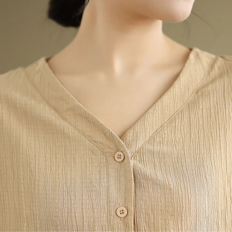 Buddha Stones Casual Plain Button V-Neck Women's Polyester Short Sleeve Shirt