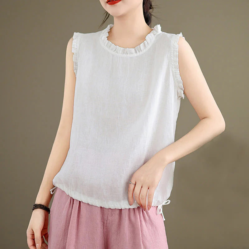 Buddha Stones Summer Ruffled Design Drawstring Crew Neck Cotton Linen Women's Sleeveless Vest