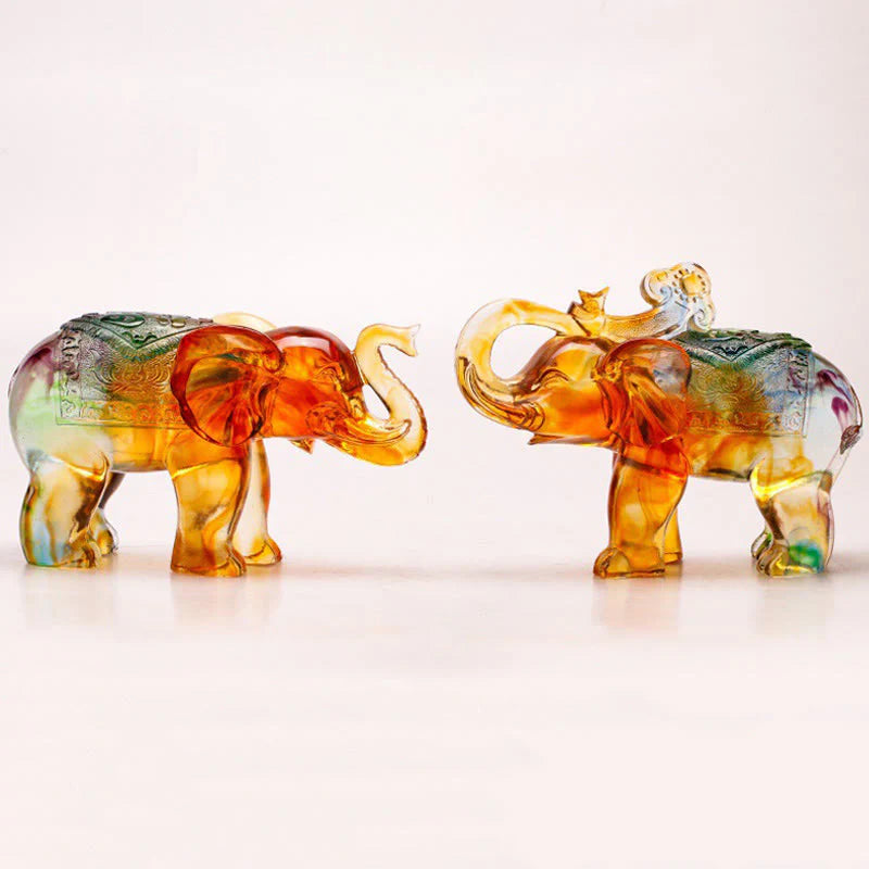 Buddha Stones Handmade Liuli Crystal Elephant Art Piece Wisdom Wealth Home Decoration