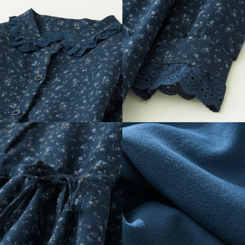 Buddha Stones Floral Pattern Lace Patchwork Design Long Sleeve Corduroy Midi Dress With Pockets