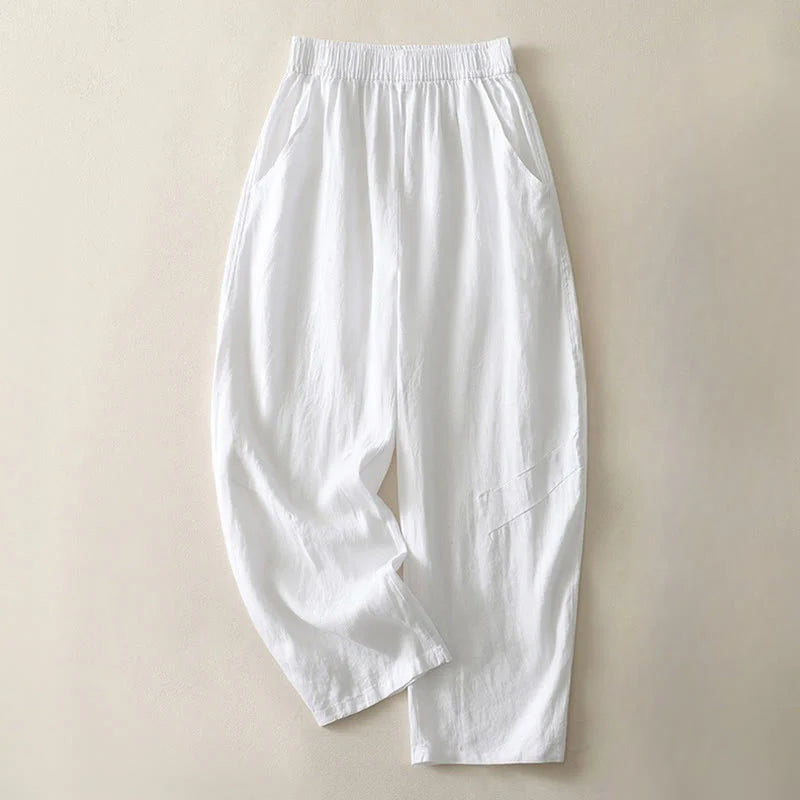 Buddha Stones Summer Daily Solid Color Elastic Waistband Design Women's Wide Leg Cotton Linen Pants With Pockets