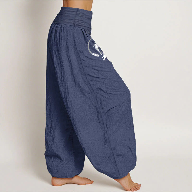 Buddha Stones Yin Yang Koi Fish Design Women's Elastic Waist Harem Pure Cotton Pants