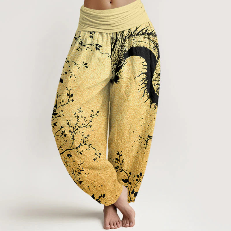 Buddha Stones Cotton Casual Dragon Flower Leaf Pattern Women's Elastic Waist Harem Pants
