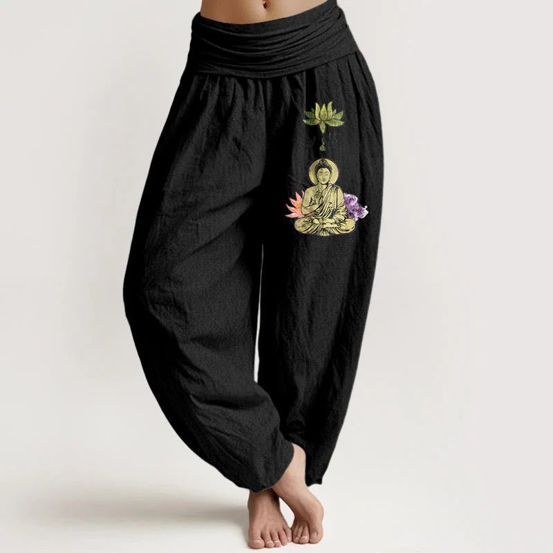 Buddha Stones Pure Cotton Traditional Lotus Buddha Pattern Women's Elastic Waist Harem Pants