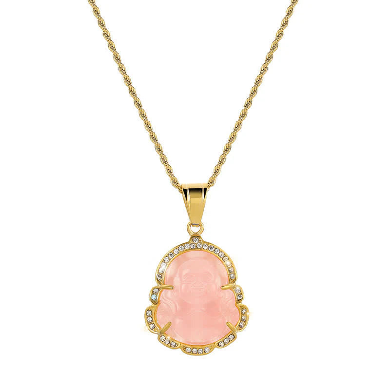 Buddha Stones 18K Gold Filled Laughing Buddha Jade Luck Necklace Chain Pendant
