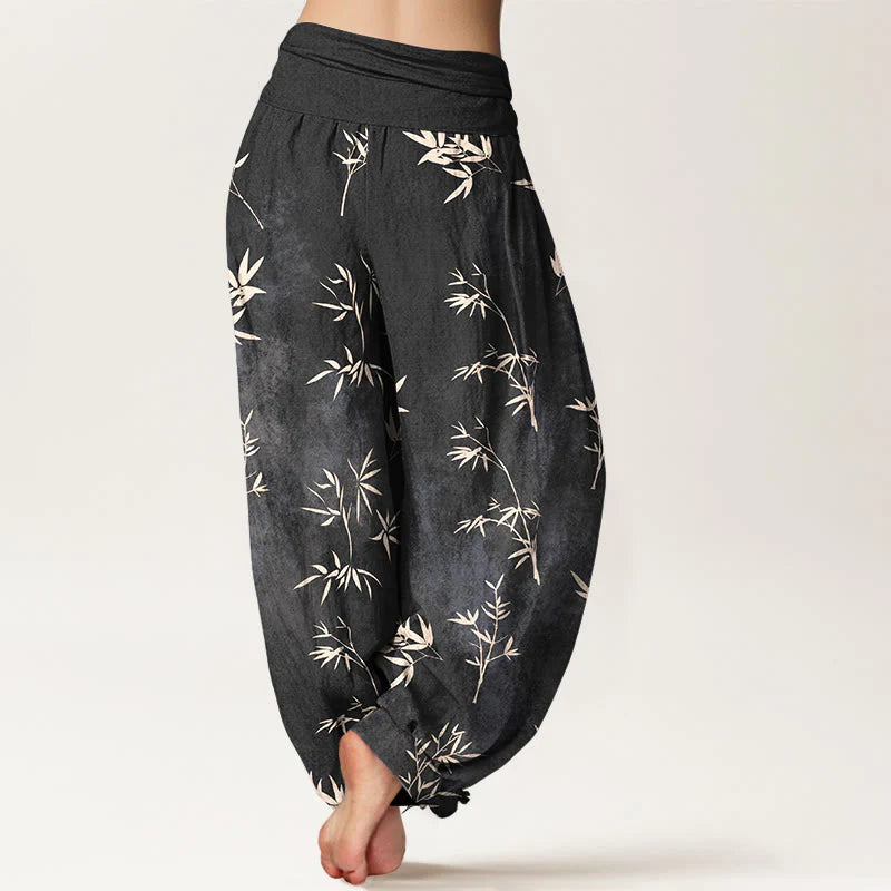 Buddha Stones Cotton Simple Bamboo Leaves Pattern Women's Elastic Waist Harem Pants
