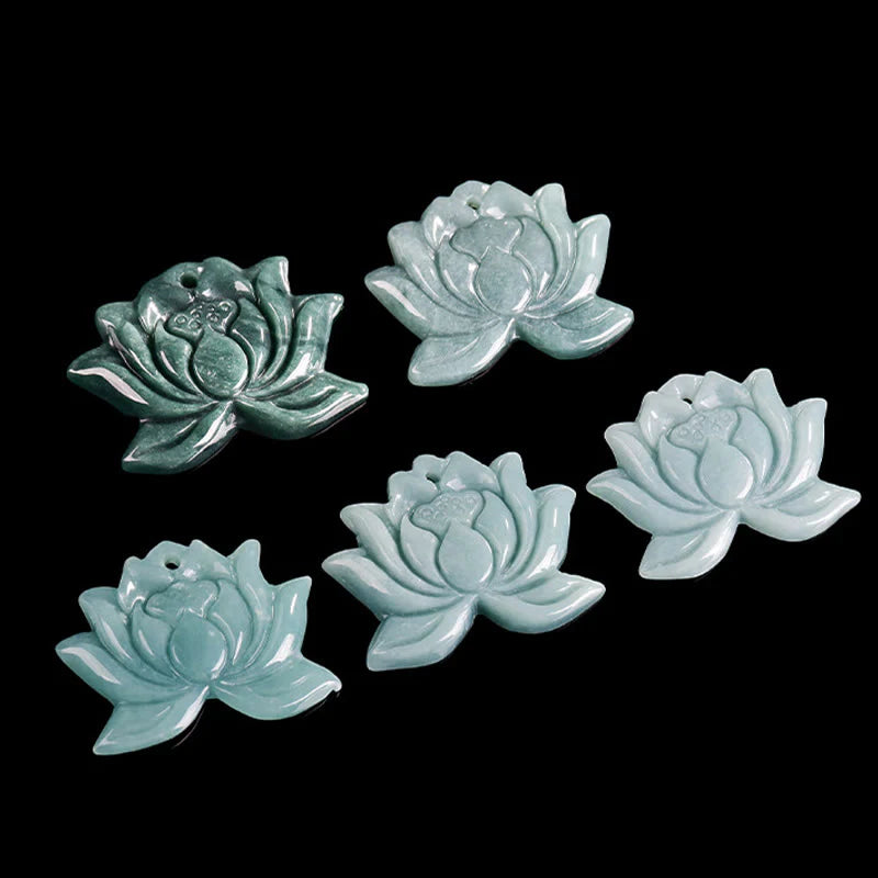 Buddha Stones Lotus Flower Pattern Carved Jade Prosperity Necklace Pendant