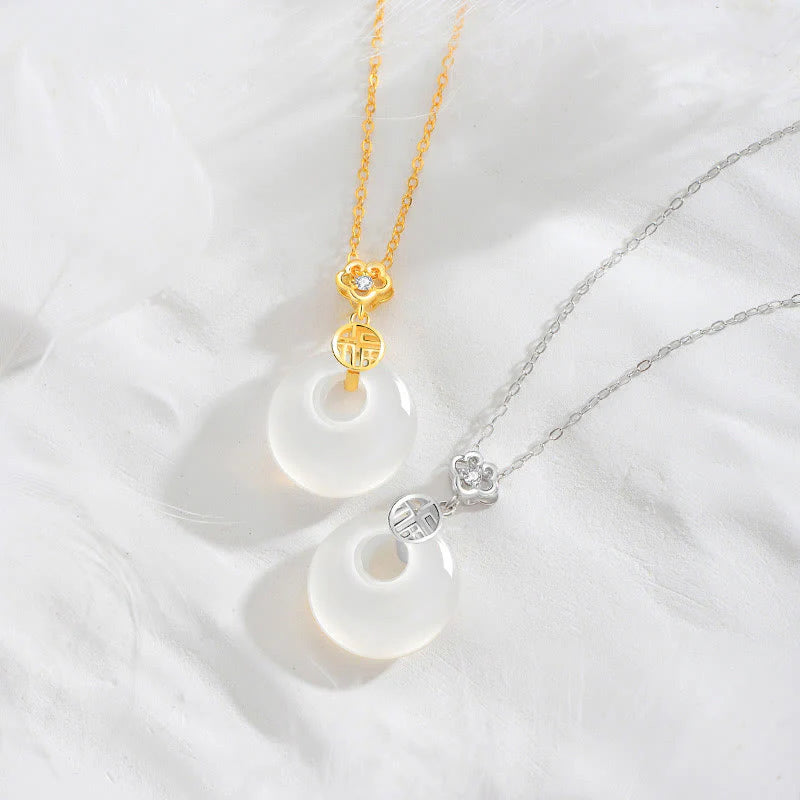 Buddha Stones 925 Sterling Silver White Agate Fu Character Happiness Luck Necklace Pendant