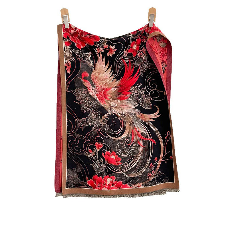 Buddha Stones Winter Thermal Phoenix Flowers Pattern Tassels Soft Scarf Shawl