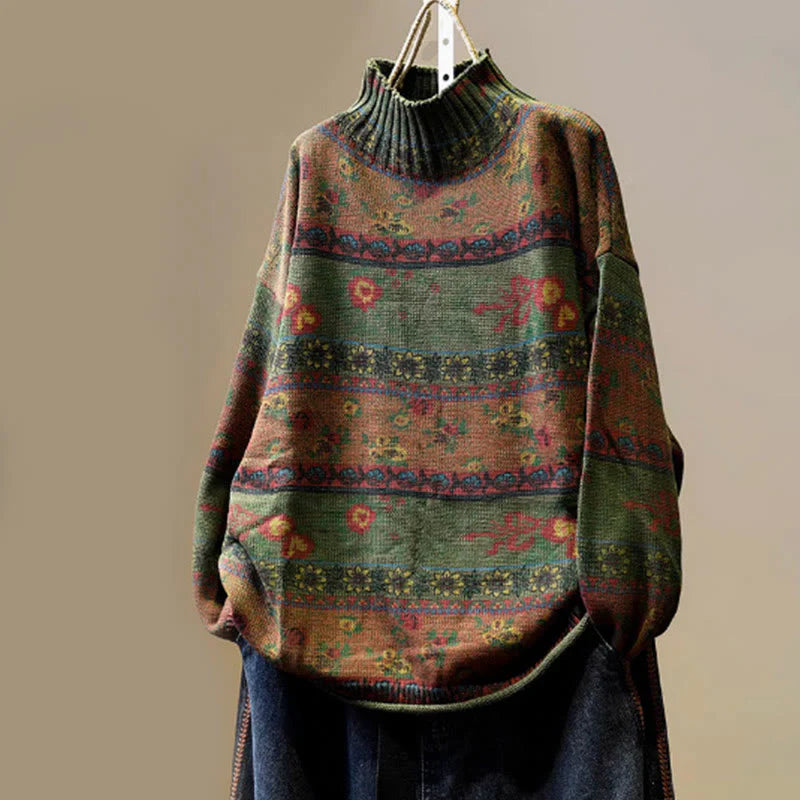 Buddha Stones Winter Color-block Flower Pattern Mock Neck Long Sleeve Women's Cotton Sweater