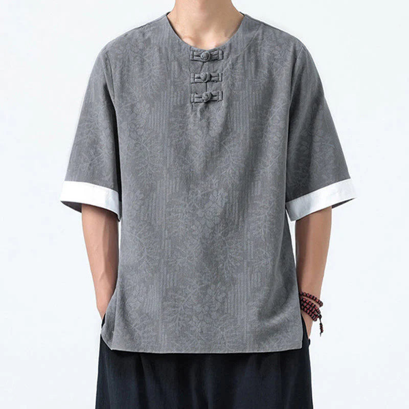 Buddha Stones Summer Flowers Grass Pattern Tang Suit Men's Frog-Button Half Sleeve Cotton Shirt