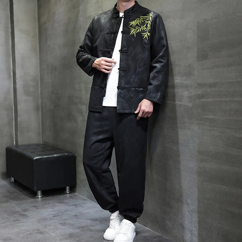 Buddha Stones 2Pcs Spring Dragon Bamboo Clouds Men's Tang Suit Frog-Button Cotton Long Sleeve Jacket Pants Set With Pockets