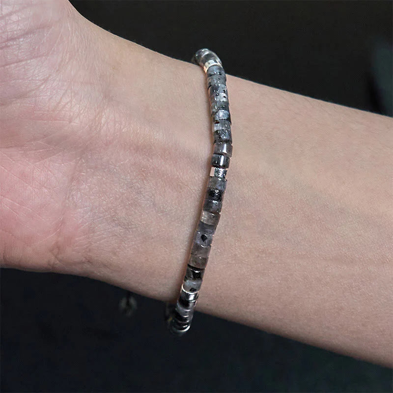 Buddha Stones Natural Black Glitter Stone Courage Spacer Bead Bracelet