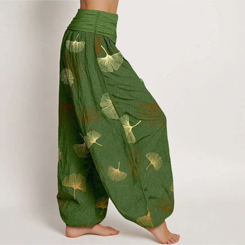 Buddha Stones Cotton Elegant Ginkgo Pattern Women's Elastic Waist Harem Pants