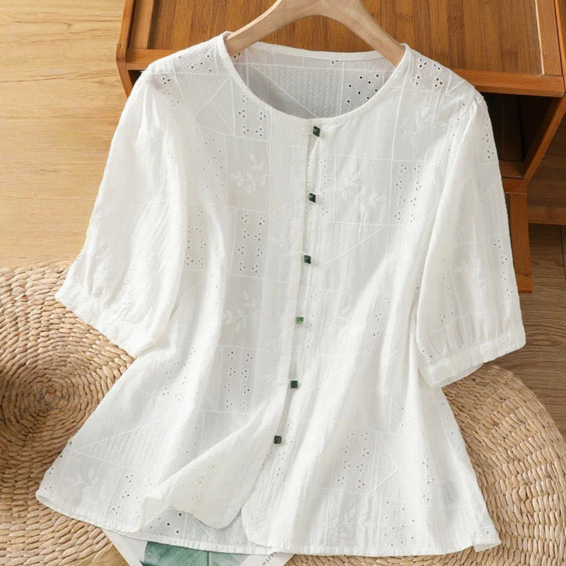 Buddha Stones Casual Embroidery Hollow Cotton Polyester Half Sleeve Women's Crew Neck Shirt