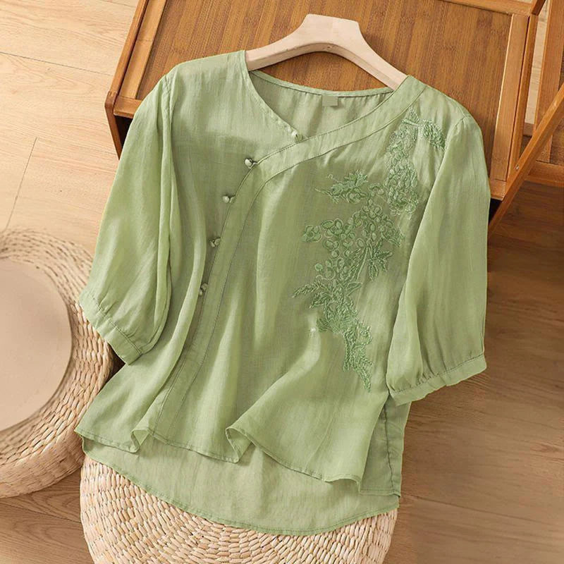 Buddha Stones Casual Loose Flower Embroidery Frog Button Short Sleeve Women's Shirt