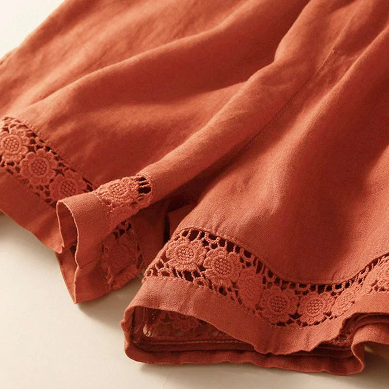 Buddha Stones Plain Color Bottom Hollow Lace Design Lace-up Cotton Women's Shorts With Pockets