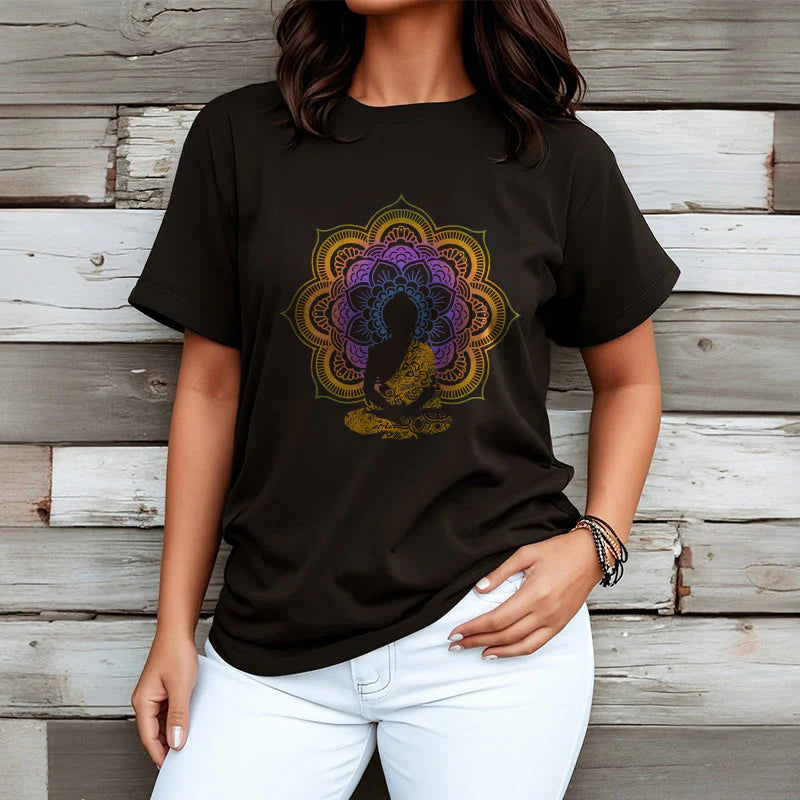 Buddha Stones Multicolor Mandala Flower Seated Buddha Pattern Tee T-shirt