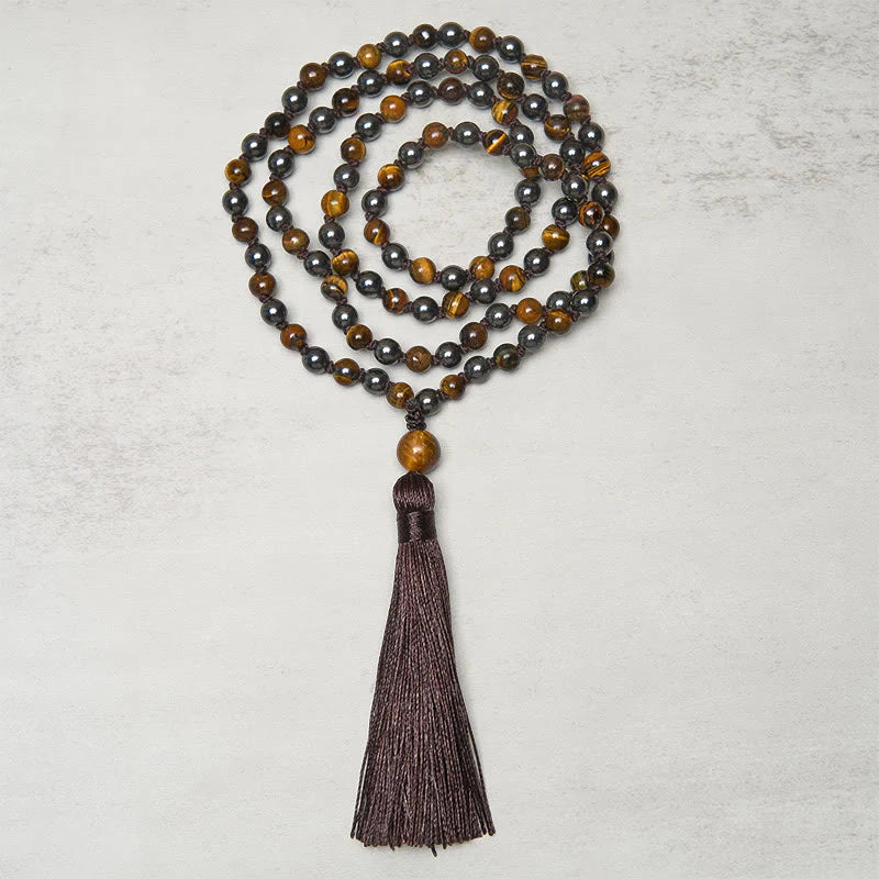 Buddha Stones 108 Beads Tiger Eye Hematite Tassel Courage Strength Mala
