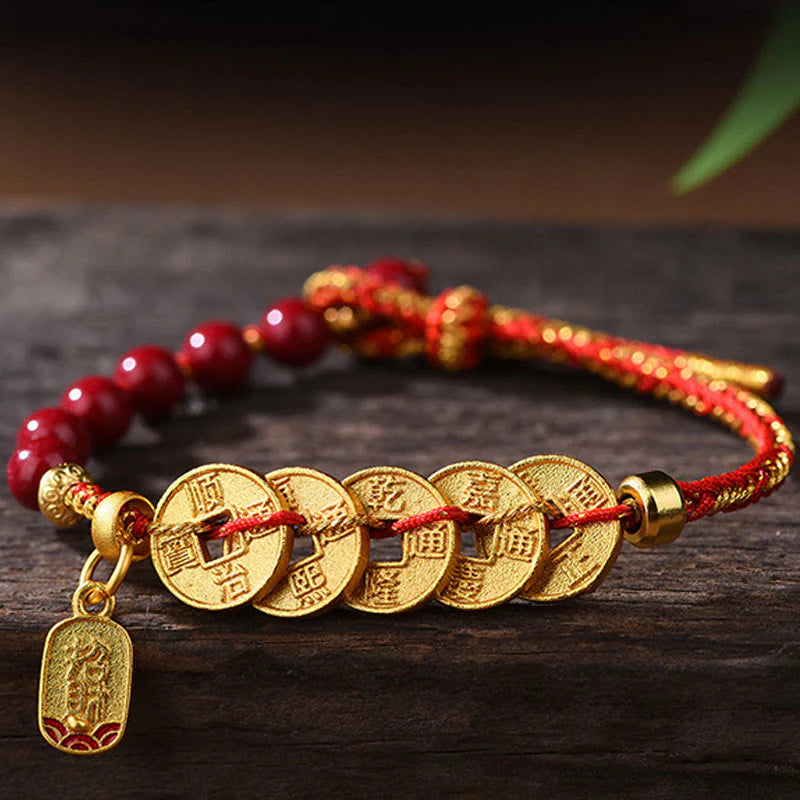 Buddha Stones Five-Emperor Coins Copper Amethyst Cinnabar Black Red String Balance Attract Fortune Bracelet