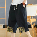 Buddha Stones Spring Casual Embroidery Drawstring Men's 7-8 Length Cotton Linen Harem Pants With Pockets