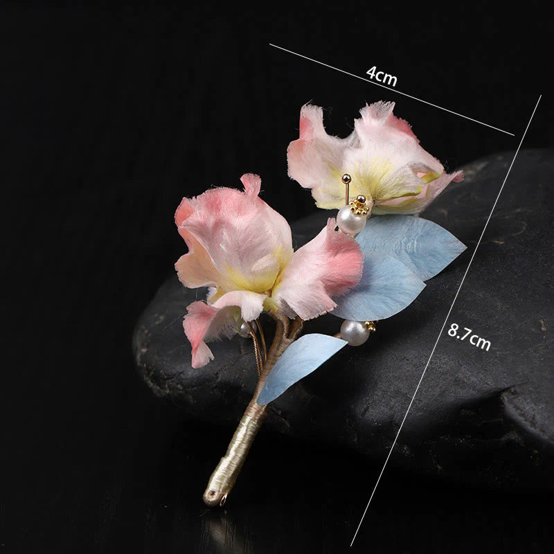 Buddha Stones Handcrafted Silk Art Pink Iris Flower Protection Brooch