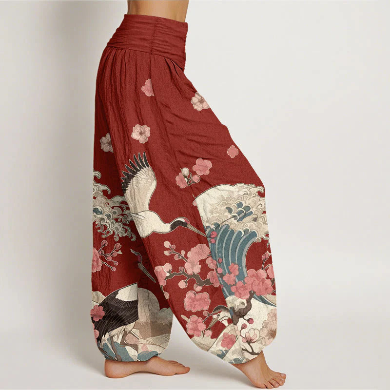 Buddha Stones Pure Cotton Cranes Peach Blossoms Ocean Women's Elastic Waist Harem Pants