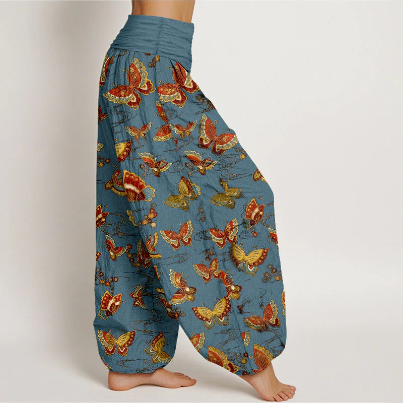 Buddha Stones Cotton Colorful Butterfly Pattern Women's Elastic Waist Harem Pants