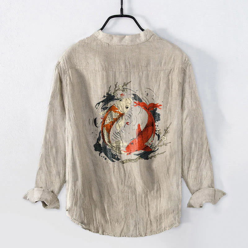 Buddha Stones Red White Koi Fish Yin Yang Pattern Half Buttons Men's Cotton Linen Long Sleeve Shirt