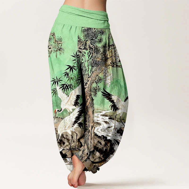 Buddha Stones Pure Cotton Red-crowned Crane Stream Pattern Women's Elastic Waist Harem Pants